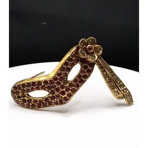 Vintage JEANNE Mardi Gras Costume Mask Red Rhinestones /Brooch Signed